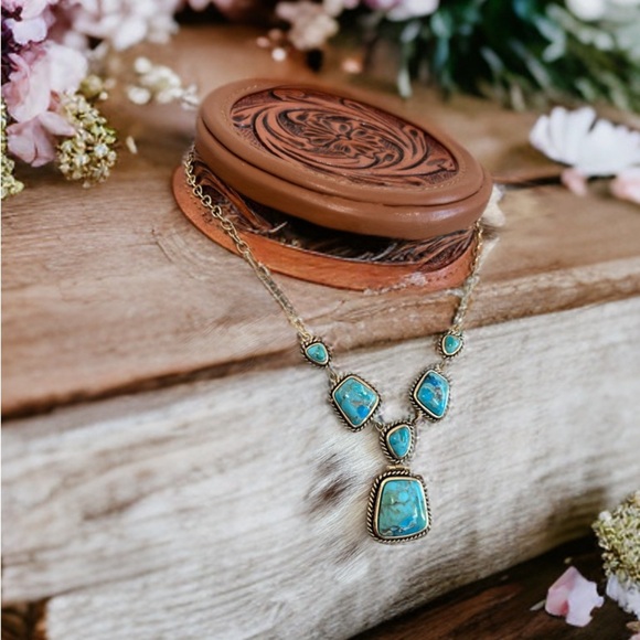 ✨New Genuine Blue Turquoise Stone Pendant Boho Necklace Statement Jewelry Brass - Picture 5 of 13